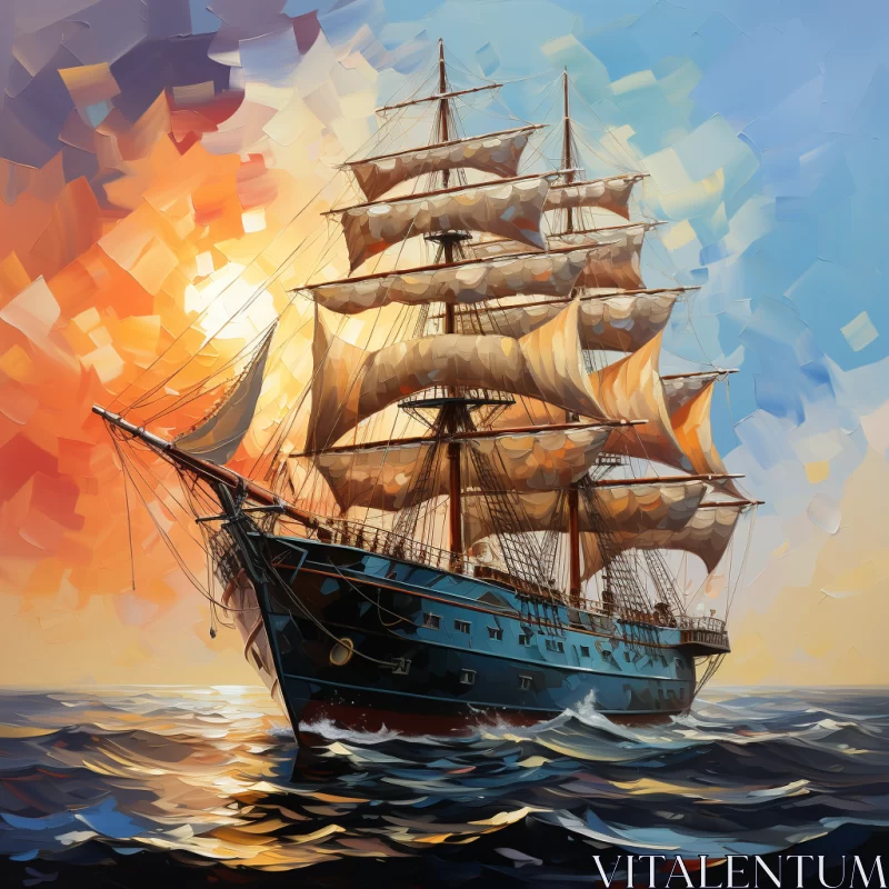 Sailing Ship at Sunset: A Harmonious Blend of Sea and Sky AI Image