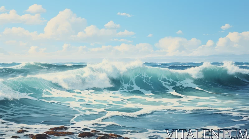 Tranquil Ocean Scene with Crashing Waves and Clear Sky AI Image
