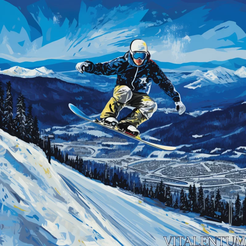 AI ART Vibrant Artistic Painting of Snowboarder Mid-Flight in Mountainous Scenery