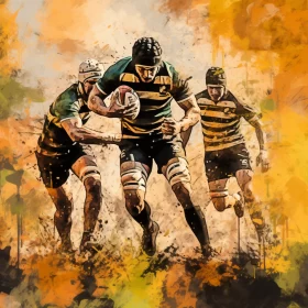 Vibrant Rugby Game Painting with Bold Yellows and Oranges AI Image