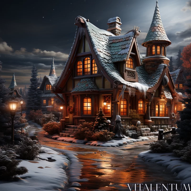 Enchanted Victorian Cottage on a Snowy Winter Night AI Image