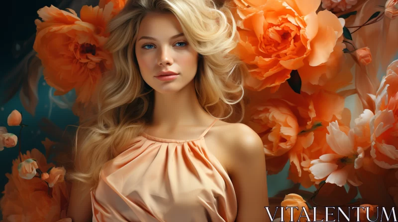 Glamorous Blonde Woman in Shimmering Orange Dress Amidst Blooming Flowers AI Image