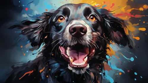 Palette Knife Oil Painting of Playful Black Dog Amidst Colorful Splatters