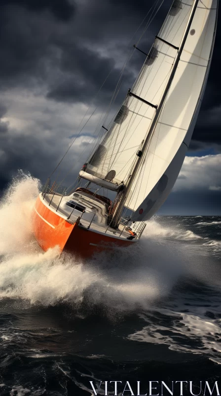 Stormy Seaside with Vibrant Orange Sailboat: A Photorealistic Image AI Image
