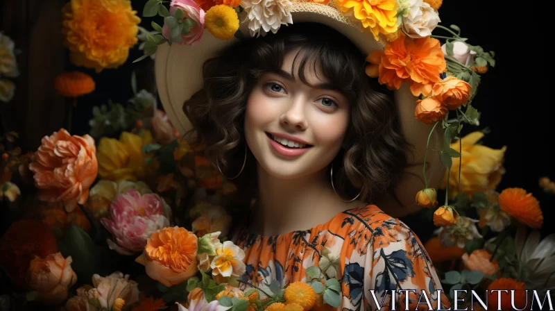 Joyful Girl in Flower-Decorated Hat: Photorealistic Portrait AI Image