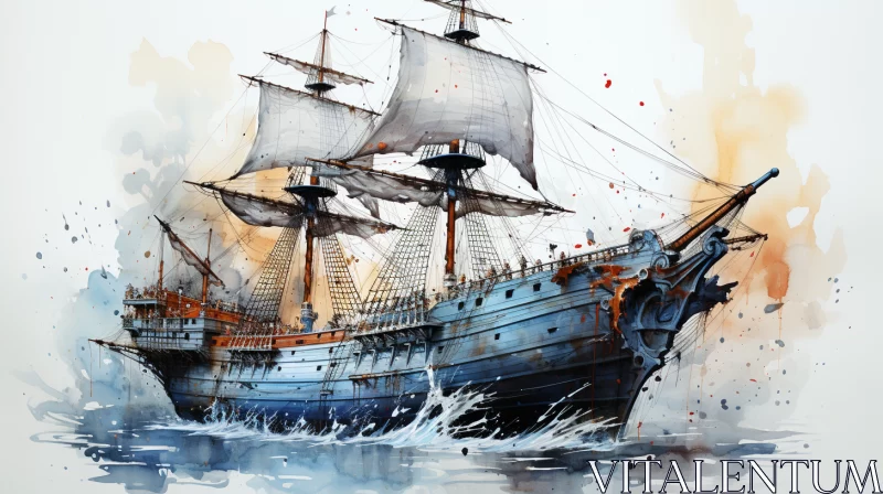 Majestic Watercolor Sailing Ship in Vast Ocean AI Image