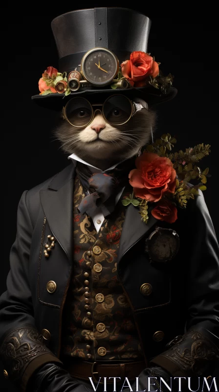 Steampunk Cat in Top Hat and Gloves with Roses AI Image
