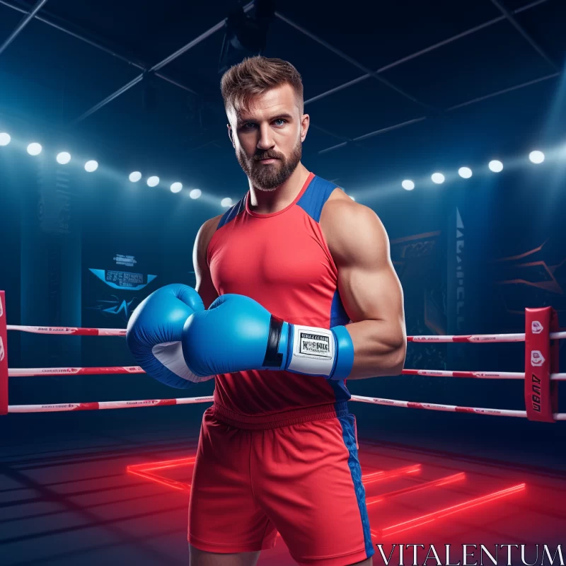 Young Boxer in Red Outfit and Azure Gloves in Dramatic Boxing Ring AI Image