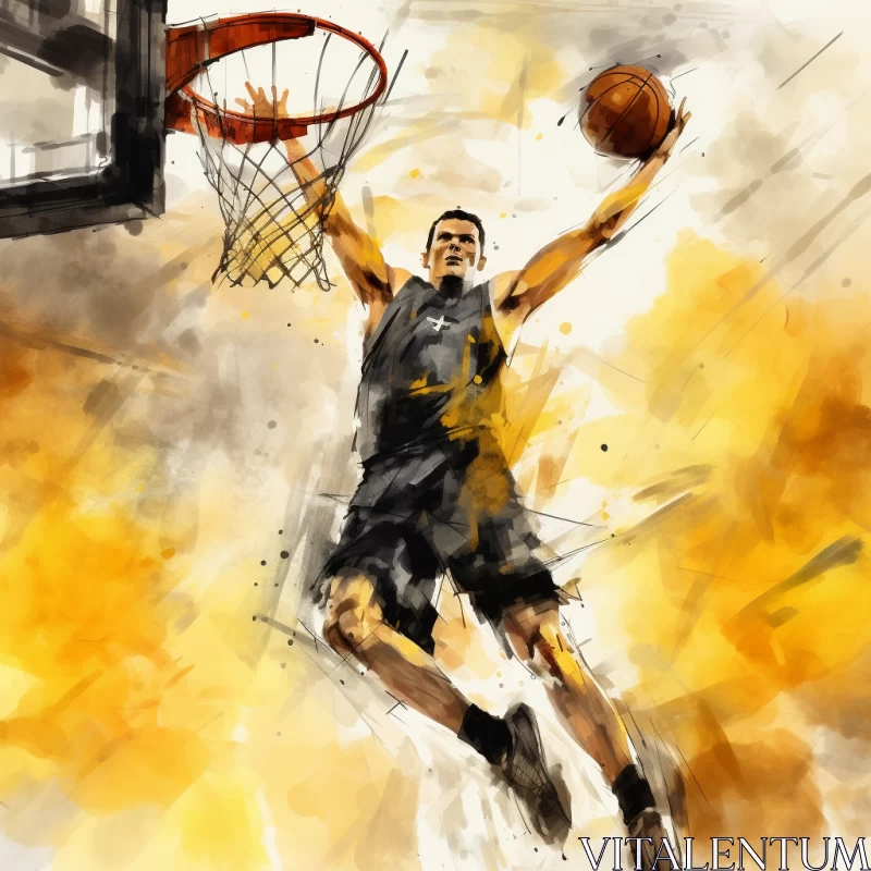 AI ART Dynamic Watercolor-Style Basketball Player Mid-Dunk Image