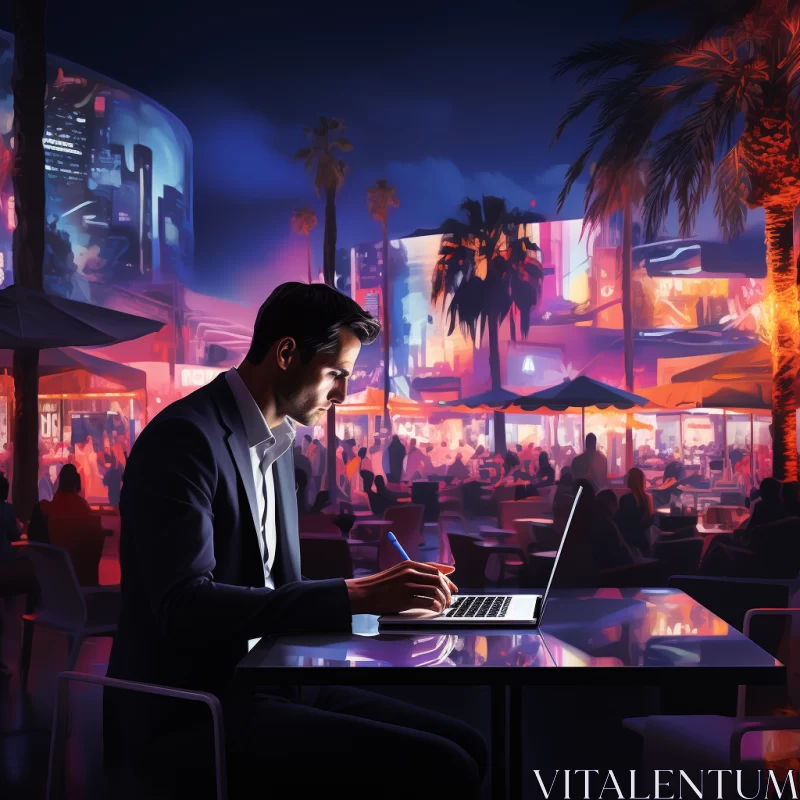 Man in Neon-Lit City Restaurant: A Blend of Urban and Marine Aesthetics AI Image