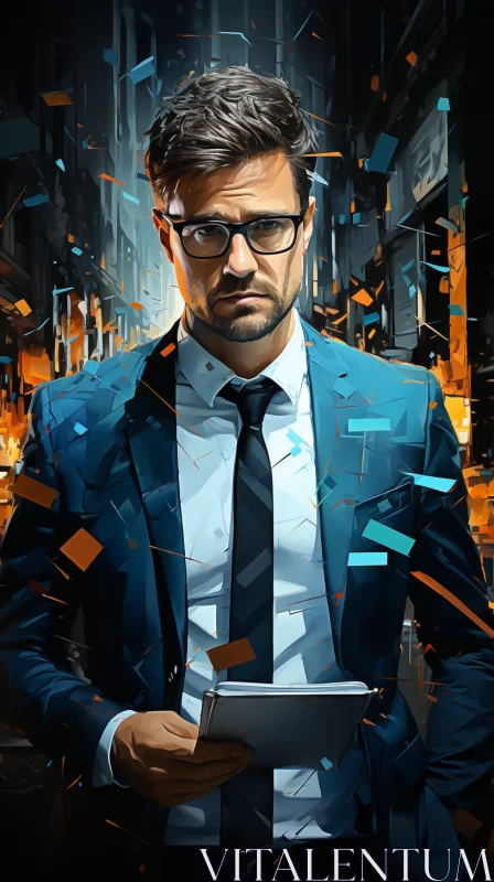 Modern Businessman in Bustling Cityscape with Cyan and Amber Shades AI Image