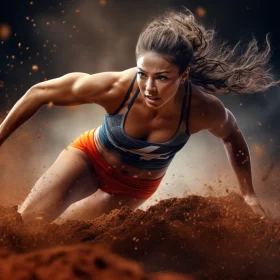 Athletic Young Woman Running in Dusty Terrain, Showcasing Strength and Determination AI Image