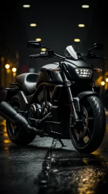 Misty City Night Scene with Sleek Black Motorcycle AI Image