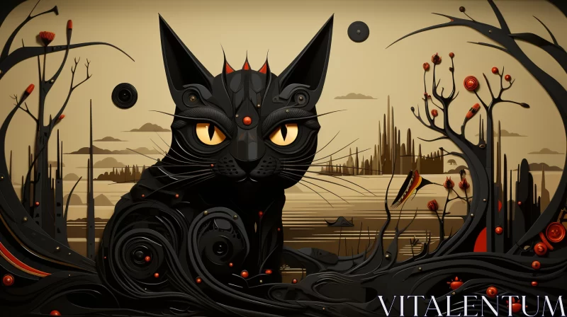 Mysterious Animated Black Cat in Dense Forest with Steampunk Elements AI Image