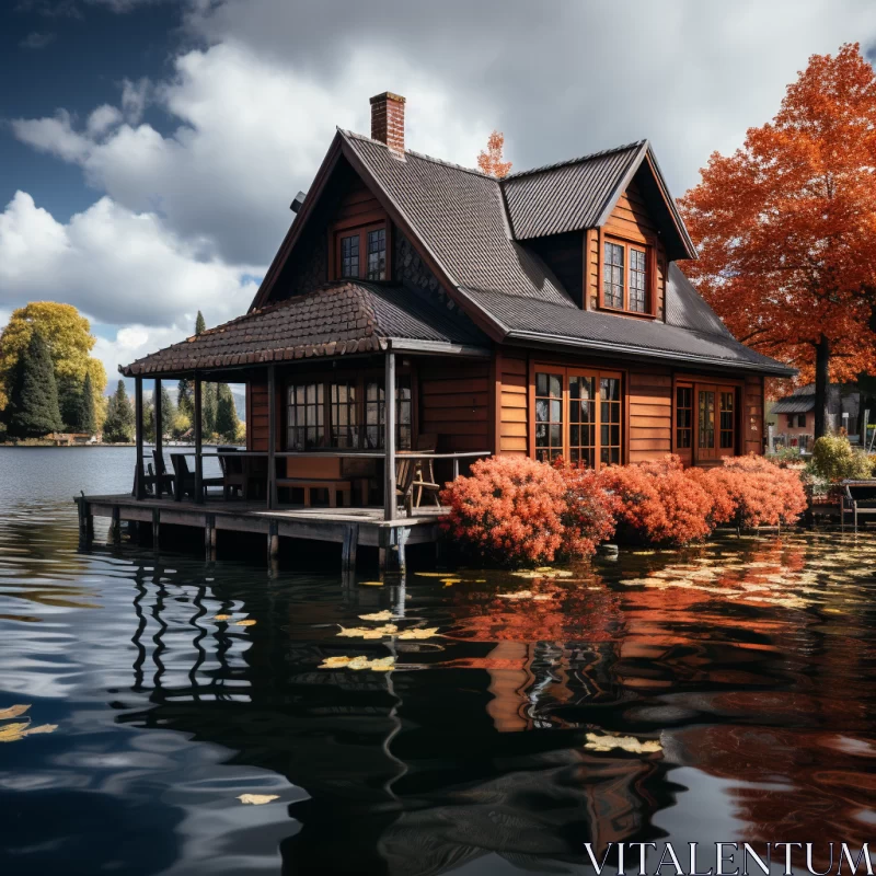Rustic House by Serene Lake in Autumn Setting AI Image