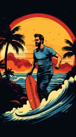 Striking Graphic Illustration of Surfer Riding Majestic Wave under Tropical Sunset with Vibrant Colo AI Image