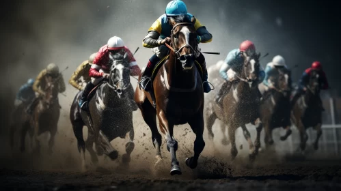 Vivid 8K Horse Race Image with Dramatic Contrast and Intricate Details AI Image