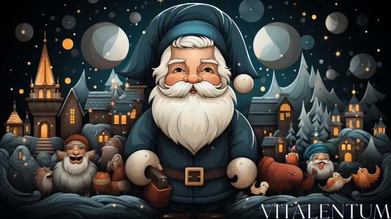 Santa Claus & Gnomes: A Charming Christmas Night Scene AI Image
