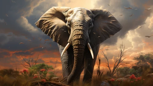 Stylized Elephant in Richly Detailed Landscape - 2D Game Art Style AI Image
