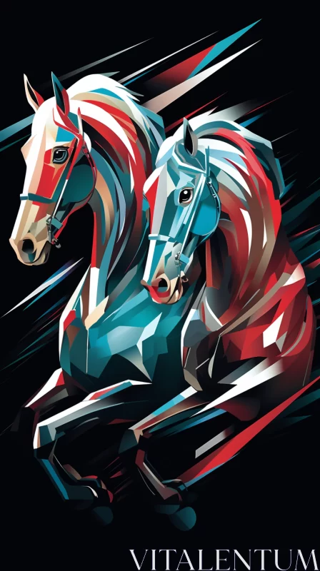 Abstract High-Polygonal Two Horses Art in Dynamic Cubism AI Image
