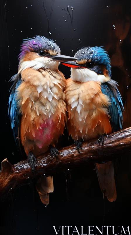 Captivating Image: Delightful Scene of Cute Kingfisher Couple Perched Gracefully in Rainfall AI Image