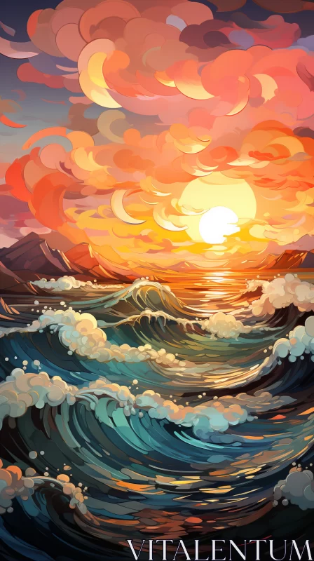 Colorful Cartoon-Style Sunset Over Stormy Sea Image AI Image