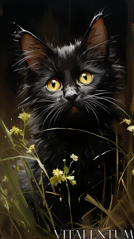 Black Kitten with Yellow Eyes in Green Field Digital Painting AI Image