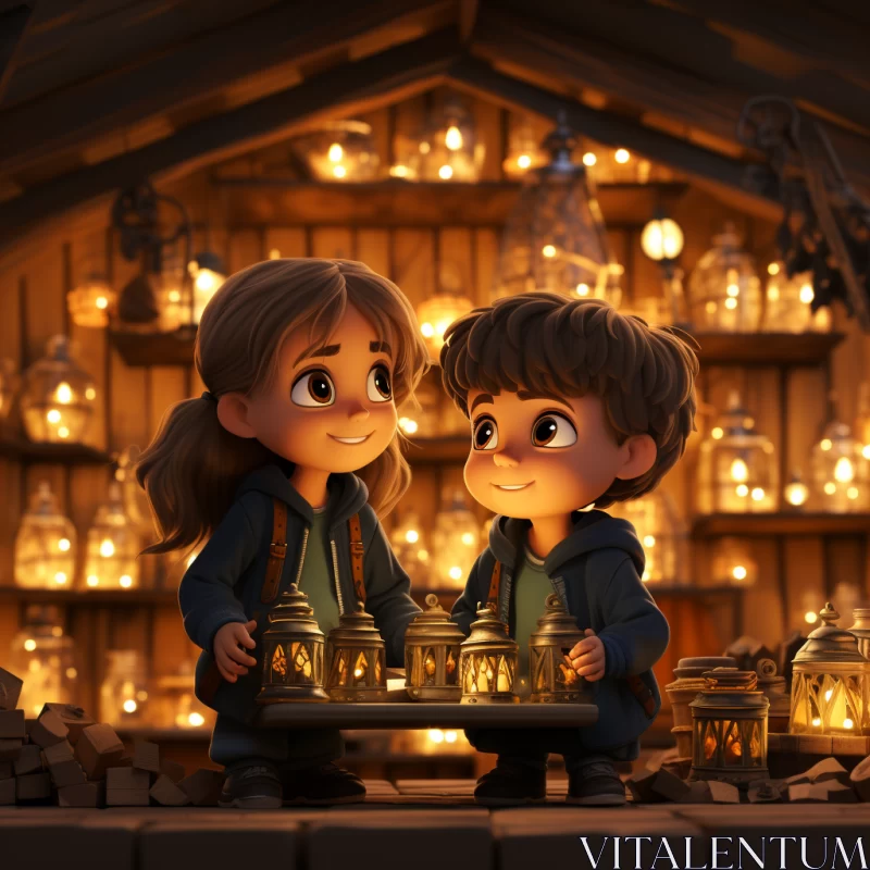 Charming Cartoon Characters in a Candle Lit Cozy House AI Image