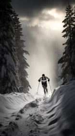 Dramatic Skier in Snowy Forest Trail Photo AI Image