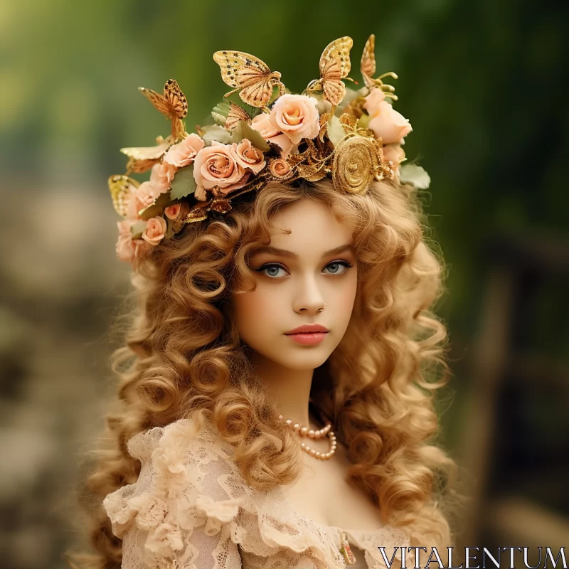 Fairy Tale Belle in Rococo Style with Butterfly Crown AI Image