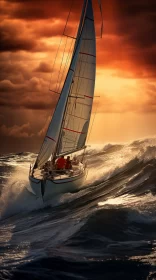 Marine Photography: Sailboat in Stormy Ocean at Sunset AI Image