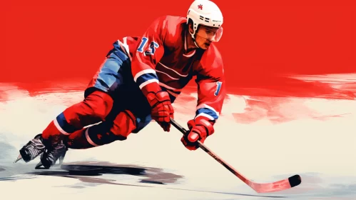 Modern Painting of Hockey Player in Action with Bold Red Background AI Image