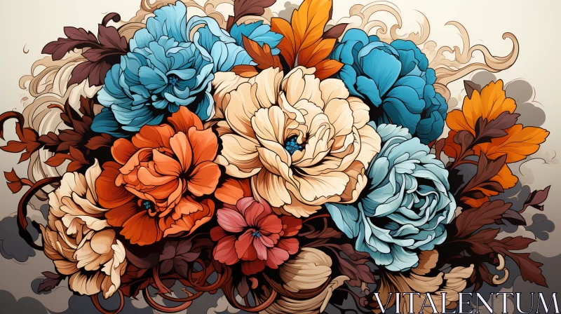 Vintage Style Floral Arrangement in Blue and Orange AI Image