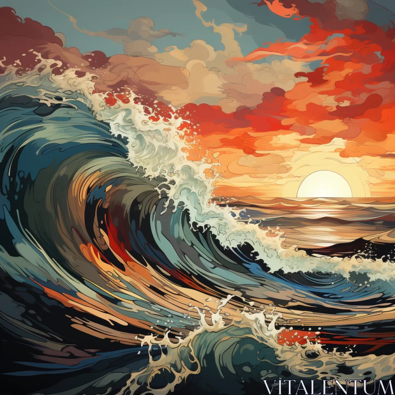 Vivid Sunset Over Stormy Ocean Illustration AI Image