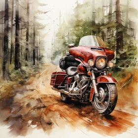Watercolor Painting of Red Motorcycle in Forest Setting AI Image