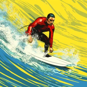 Digitally Crafted Image of a Surfer Conquering a Majestic Wave in Pop Art Style with Hyper-Realistic AI Image