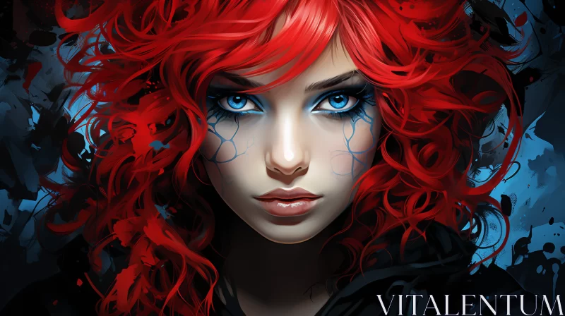 Edgy Caricature of Fiery Redhead with Intense Blue Eyes AI Image