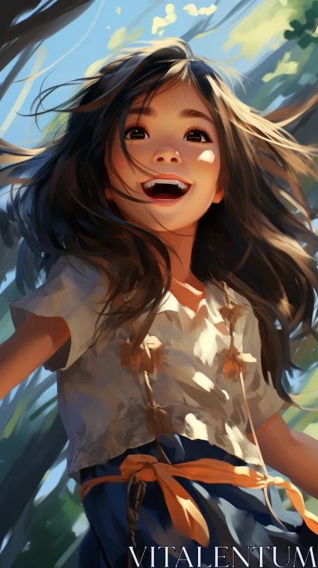 Enchanting Digital Painting of a Joyful Girl in Tropical Landscape AI Image
