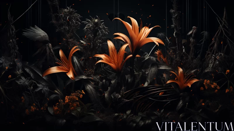 Enigmatic Tropics: Orange Flowers Against a Dark Landscape AI Image