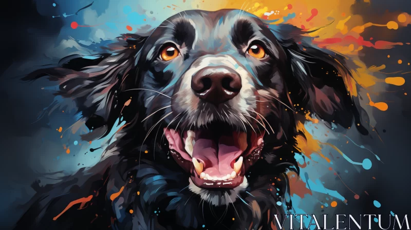 Palette Knife Oil Painting of Playful Black Dog Amidst Colorful Splatters AI Image