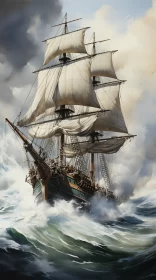 18th Century Sailing Ship SS Seafarer in Rough Seas AI Image