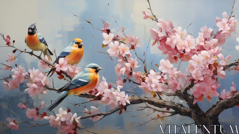 Captivating Painting of Birds on a Lush Pink Tree in Photorealistic Style AI Image
