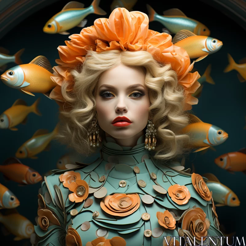 Futuristic Retro Sci-Fi Baroque Portrait of Woman with Fish Table AI Image
