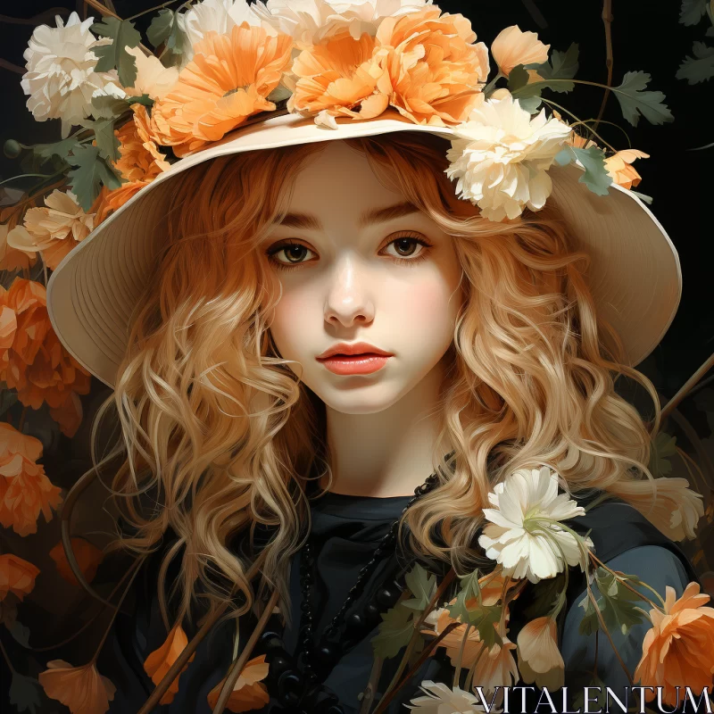 Pseudo-Realistic Rendering of Girl with Hat and Flowers AI Image