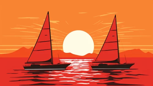 Vibrant Sailboat Silhouette Against Fiery Sunset in Tropical Seascape AI Image