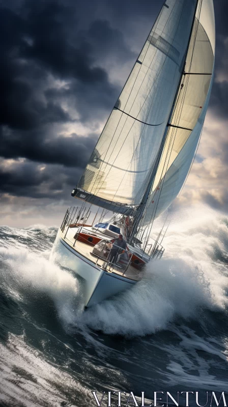 Vivid Hyper-Realistic Image of Sailboat Battling Stormy Sea AI Image