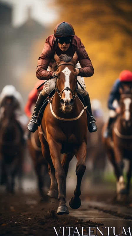 8K Ultra-HD Horse Race Image: Jockey in Motion, Amber & Maroon Hues AI Image