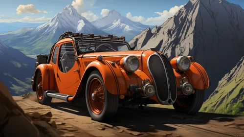 Classic Car Adventure under Rocky Mountain - Art Nouveau Inspired Illustration - AI Art images AI Image