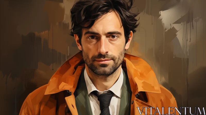 Digital Illustration of a Charming Man in a Dark Brown Coat - Realistic Oil Portrait Style AI Image