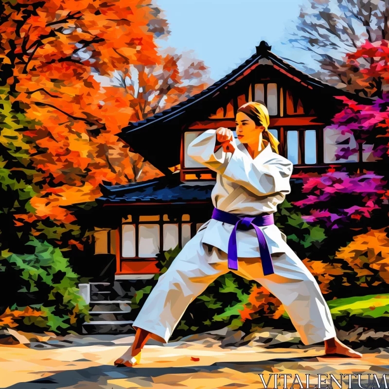Dynamic Karate Move Amidst Rustic Charm in Anime-Impressionistic Fusion AI Image